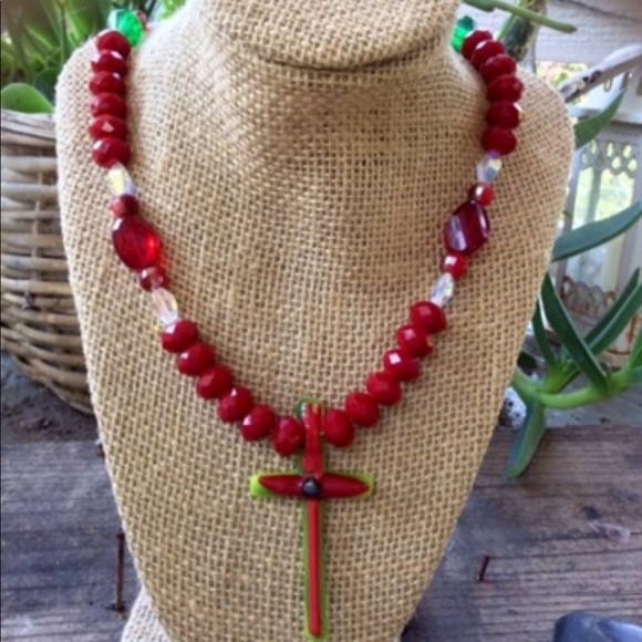 Christmas Red Crystal Glass Beads Artisan Blown Glass Custom Cross Necklace - Picture 8 of 8